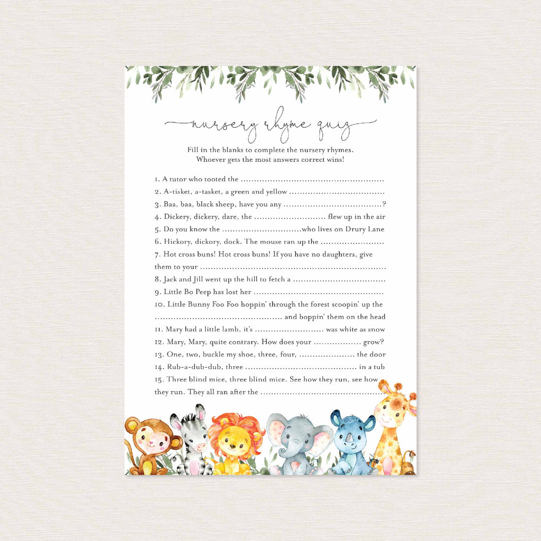 Jungle Animals Baby Shower Nursery Rhyme Quiz Game Printable