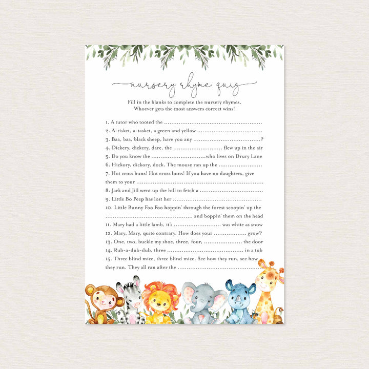 Jungle Animals Baby Shower Nursery Rhyme Quiz Game Printable