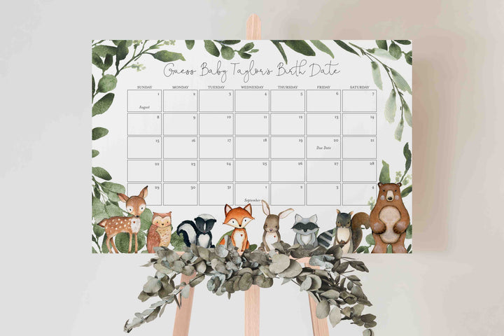 Woodland Animals Baby Shower Due Date Calendar Printable