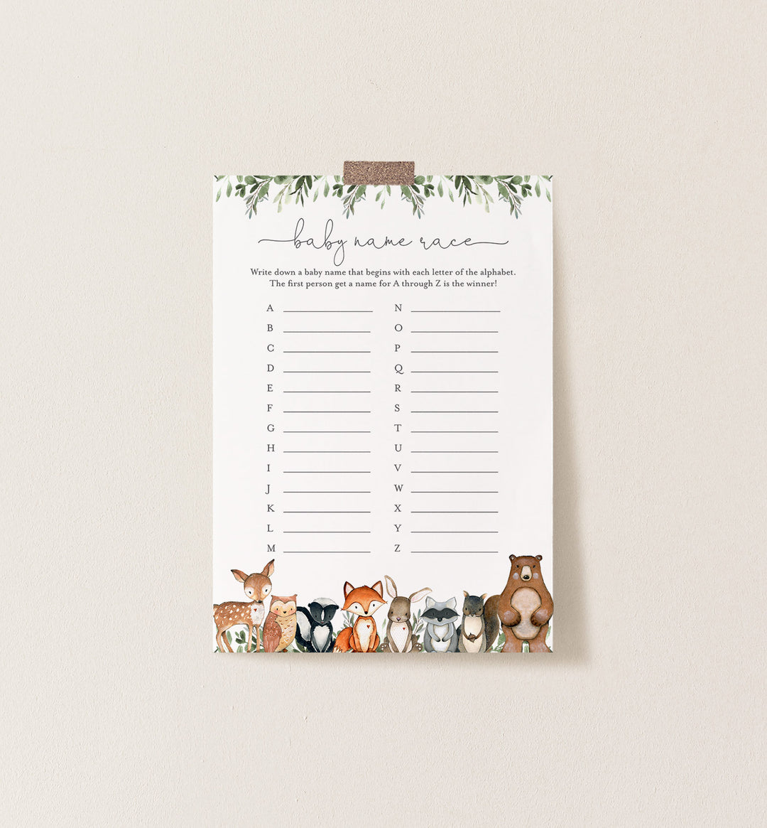 Woodland Animals Baby Shower Name Race Game Printable
