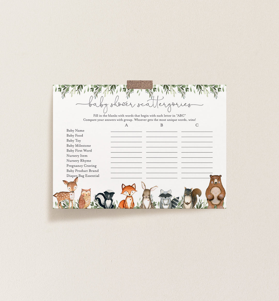 Woodland Animals Baby Shower Scattergories Game Printable