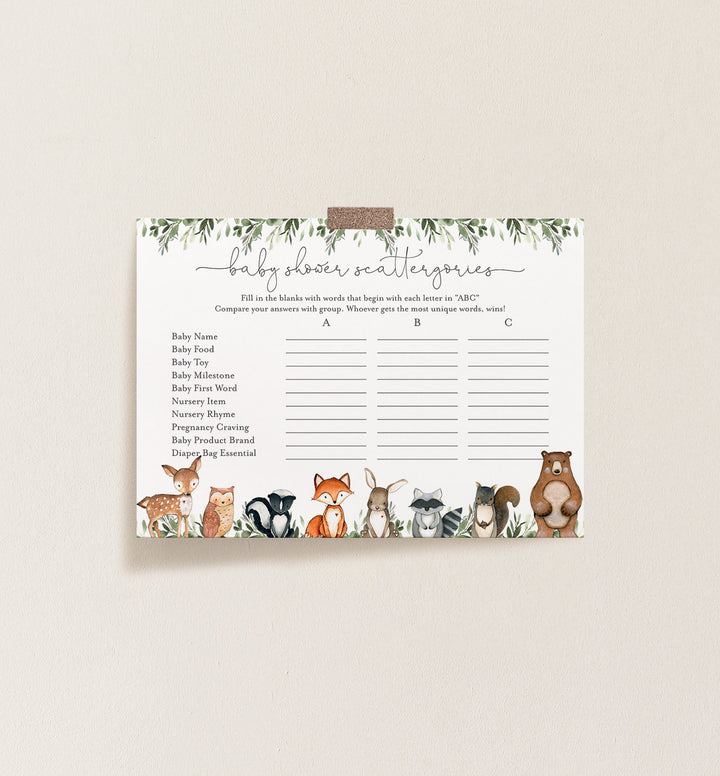 Woodland Animals Baby Shower Scattergories Game Printable