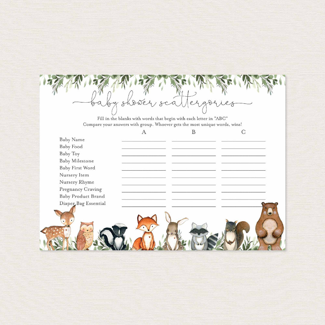 Woodland Animals Baby Shower Scattergories Game Printable