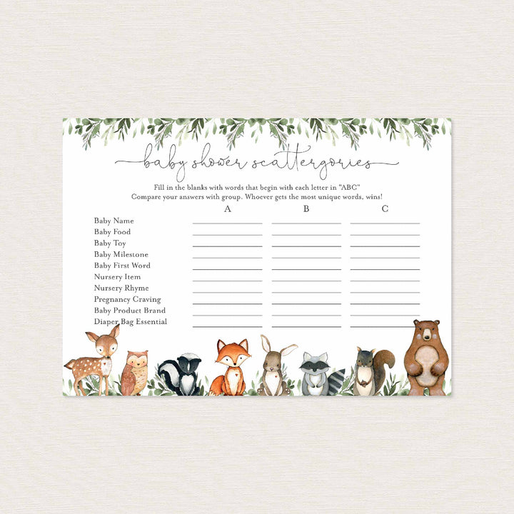 Woodland Animals Baby Shower Scattergories Game Printable