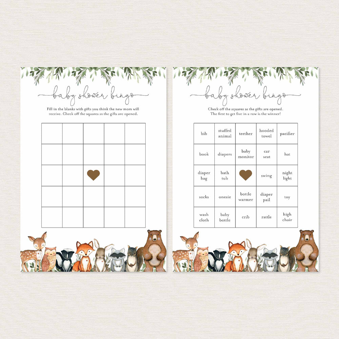 Woodland Animals Baby Shower Bingo Game Printable