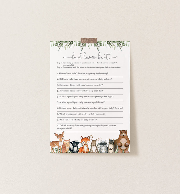 Woodland Animals Baby Shower Dad Knows Best Game Printable