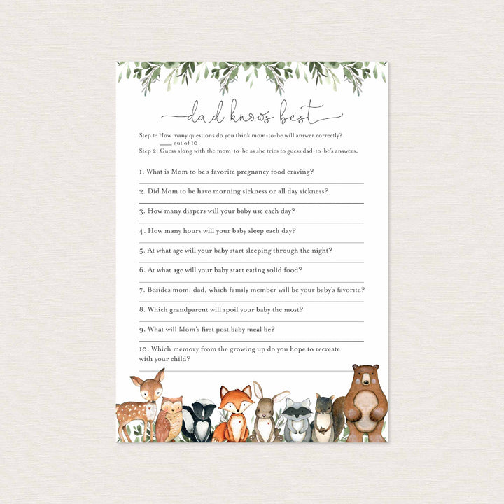 Woodland Animals Baby Shower Dad Knows Best Game Printable