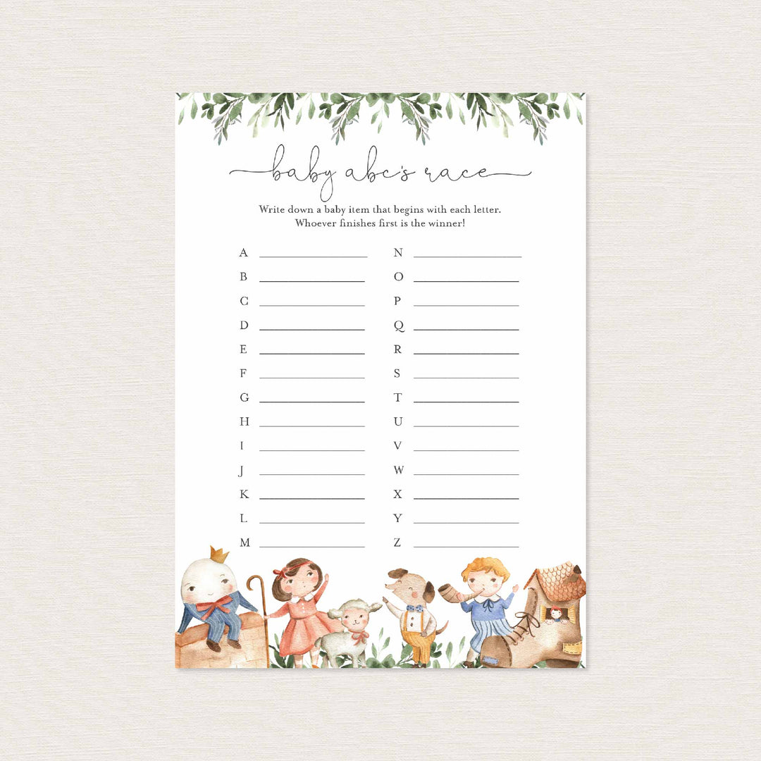 Nursery Rhymes Baby Shower ABC's Race Game Printable