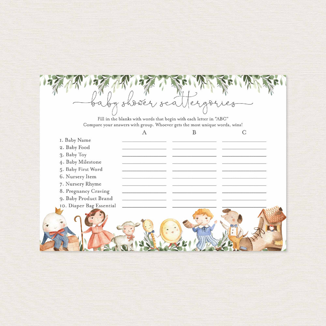 Nursery Rhymes Baby Shower Scattergories Game Printable