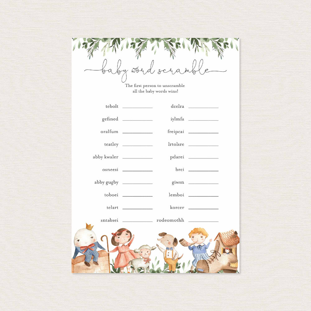 Nursery Rhymes Baby Shower Word Scramble Game Printable