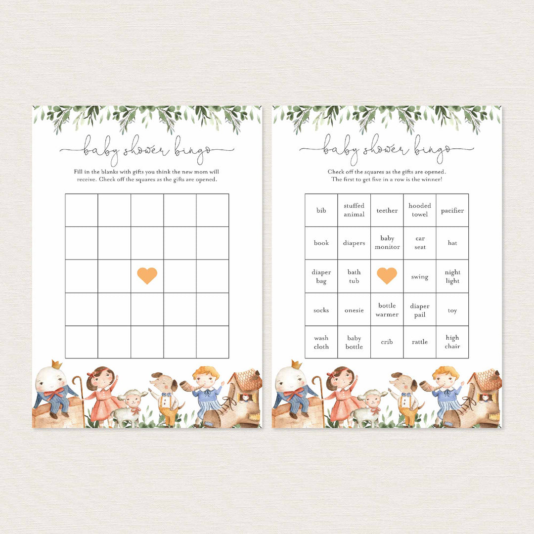 Nursery Rhymes Baby Shower Bingo Game Printable