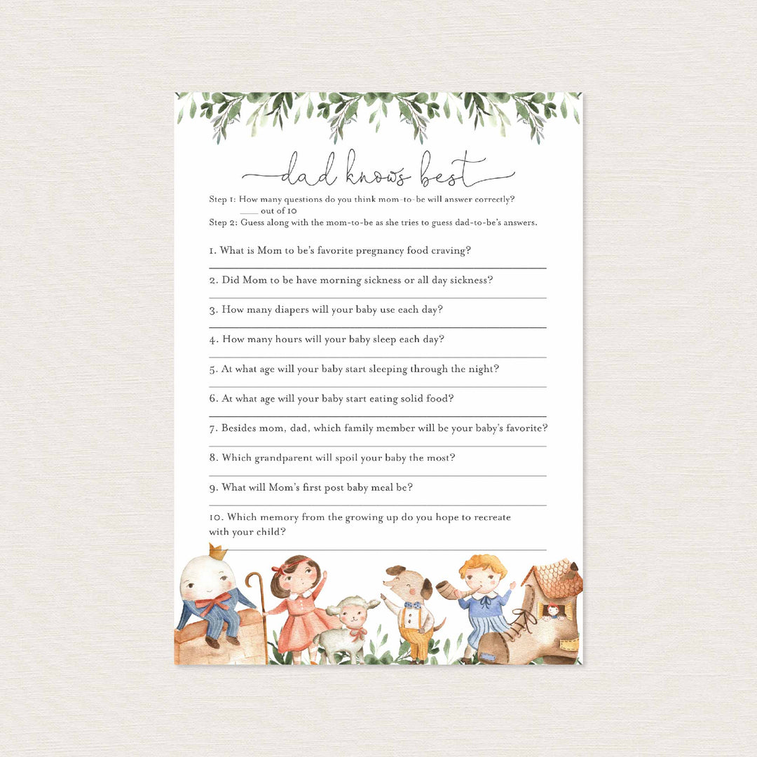 Nursery Rhymes Baby Shower Dad Knows Best Game Printable