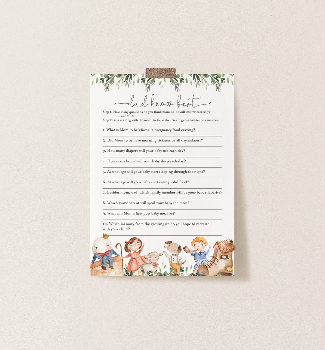 Nursery Rhymes Baby Shower Dad Knows Best Game Printable