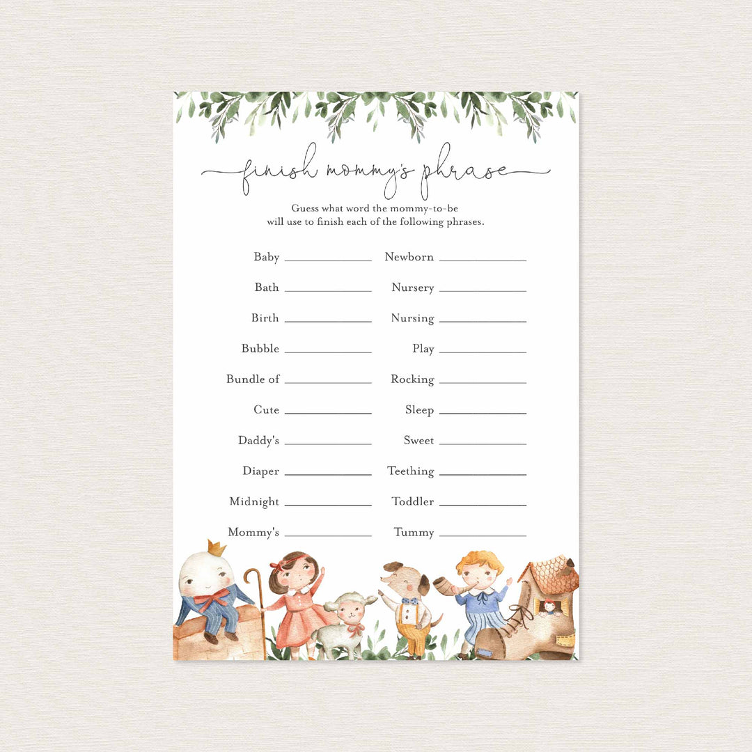 Nursery Rhymes Baby Shower Finish Mummy's Phrase Game Printable