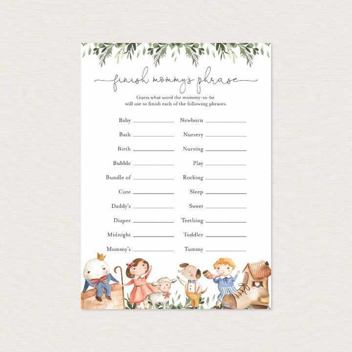 Nursery Rhymes Baby Shower Finish Mummy's Phrase Game Printable