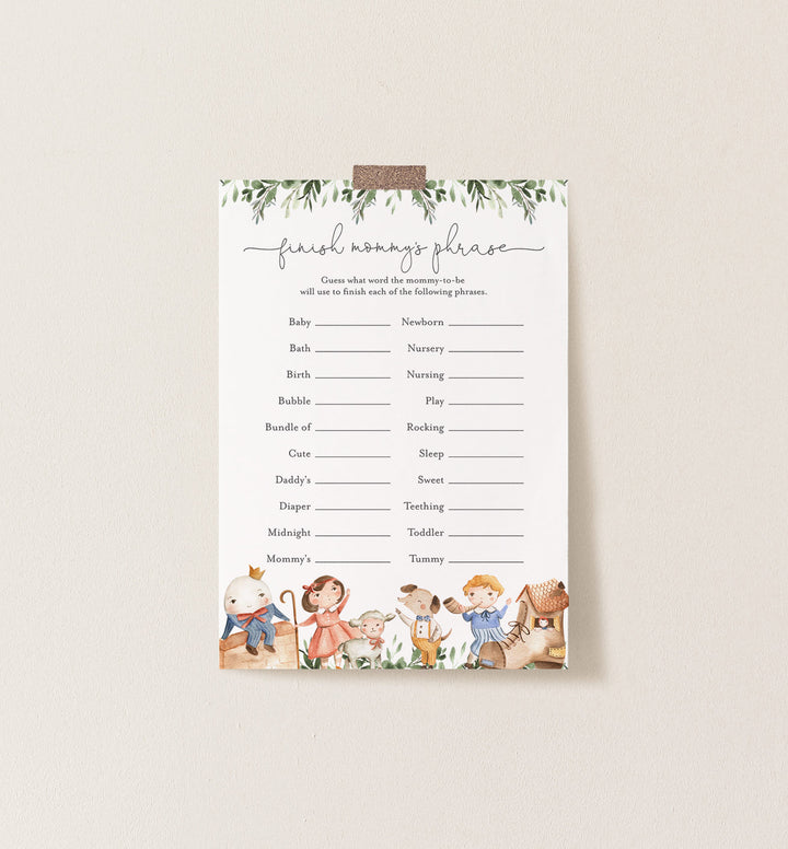 Nursery Rhymes Baby Shower Finish Mummy's Phrase Game Printable