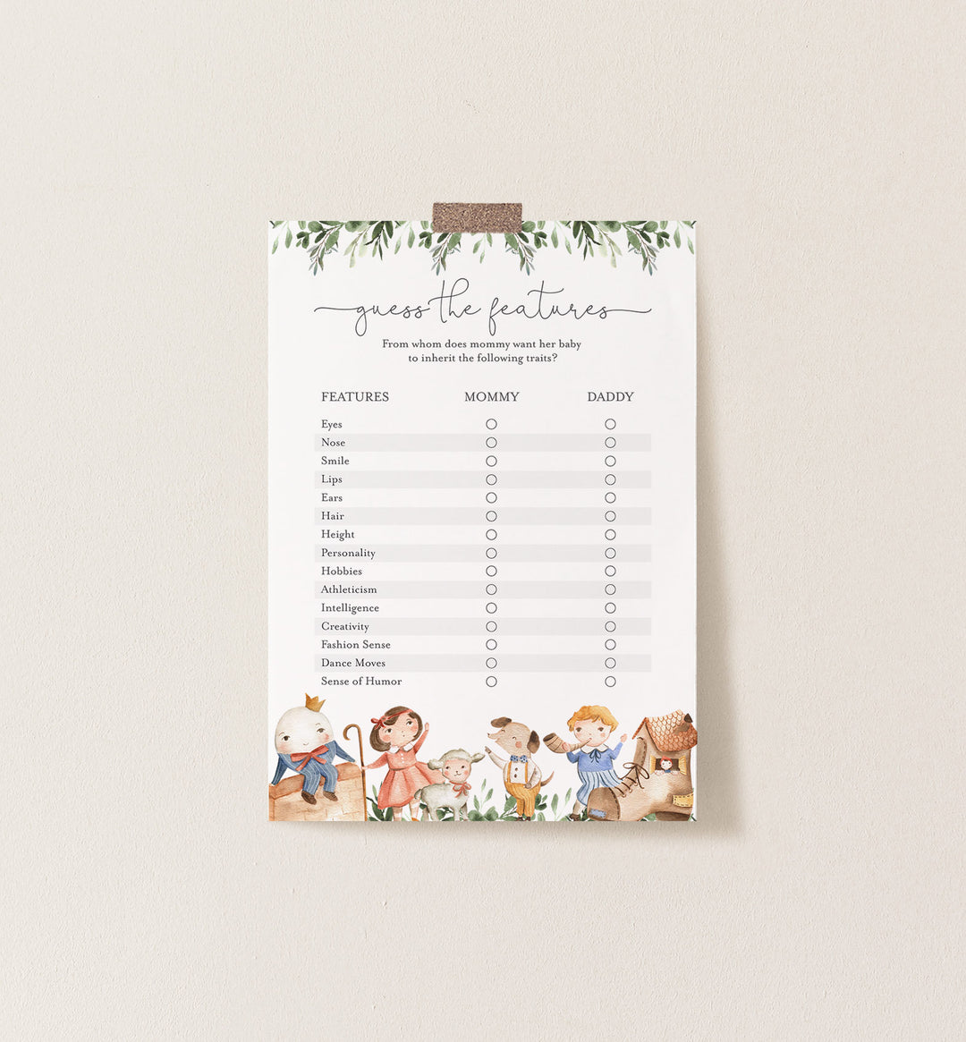 Nursery Rhymes Baby Shower Guess The Features Game Printable