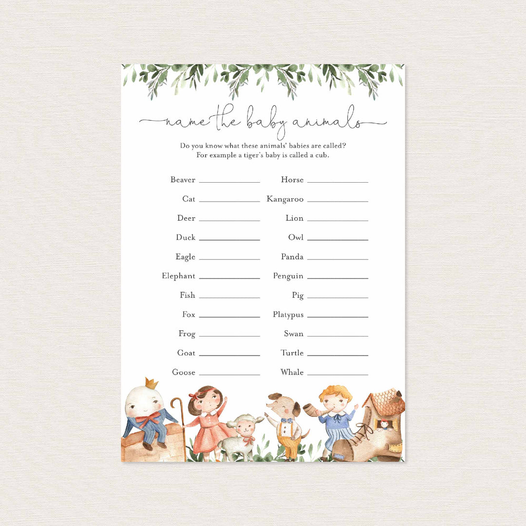 Nursery Rhymes Baby Shower Name The Baby Animals Game Printable