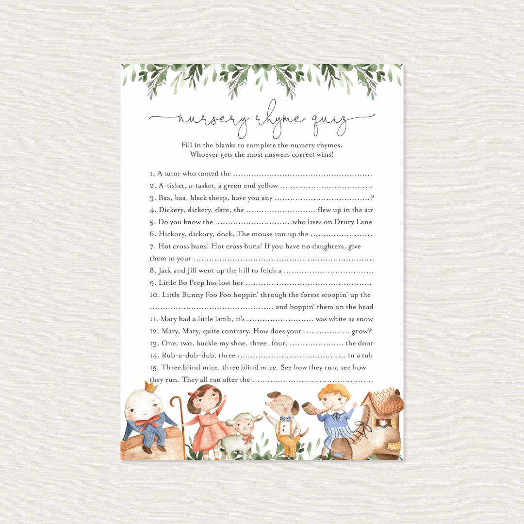 Nursery Rhymes Baby Shower Nursery Rhyme Quiz Game Printable