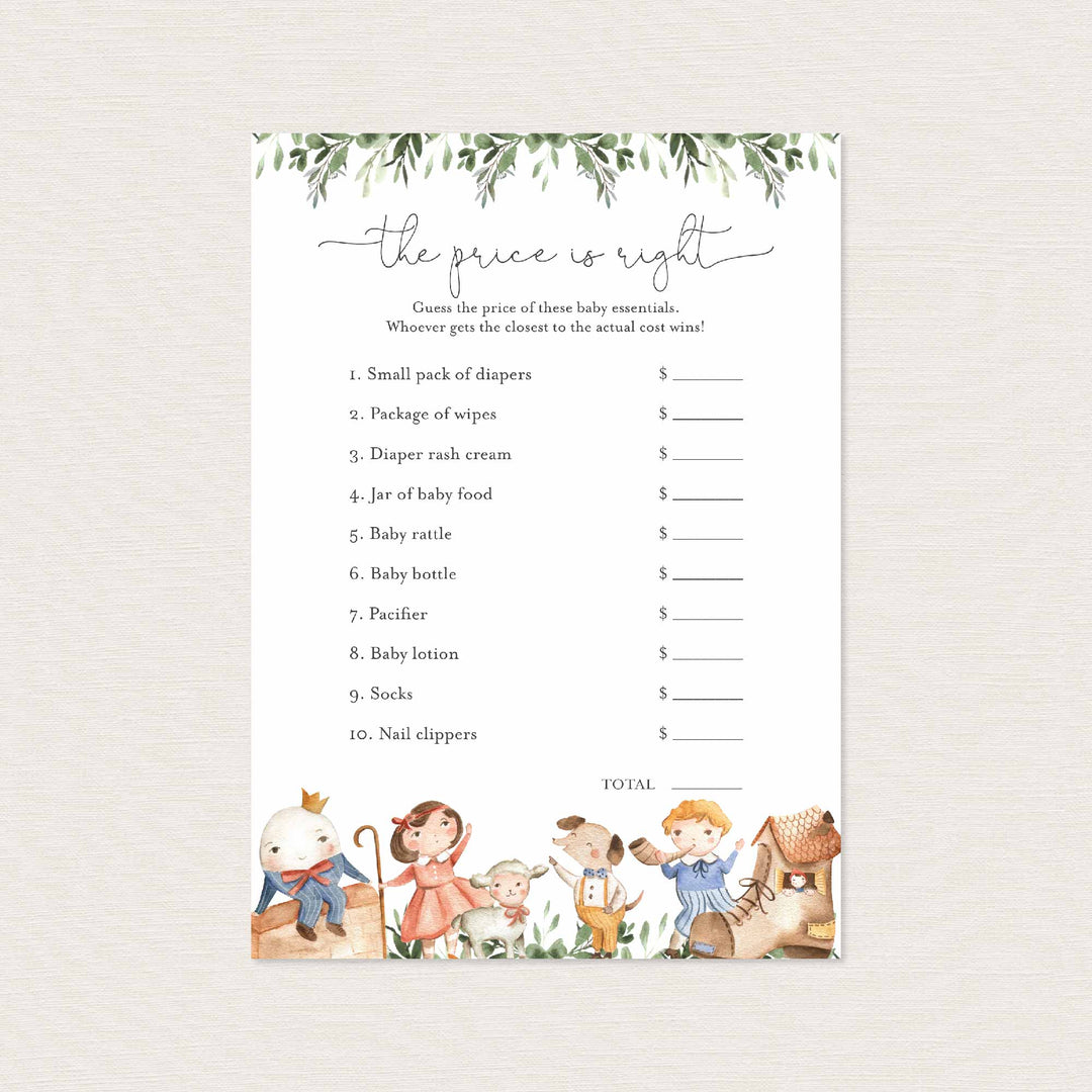 Nursery Rhymes Baby Shower The Price Is Right Game Printable