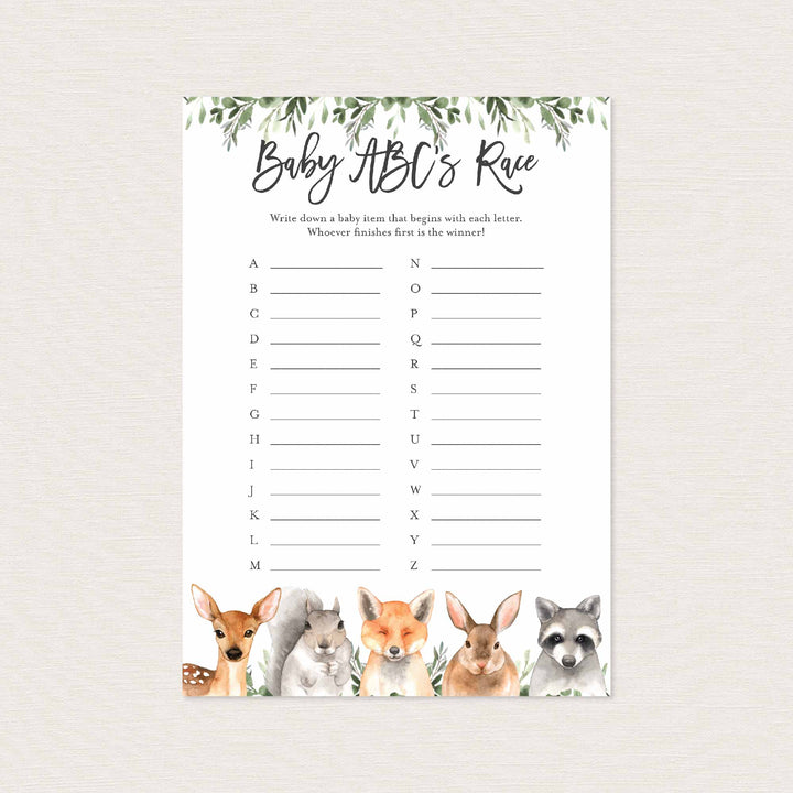 Forest Animals Baby Shower ABC's Race Game Printable