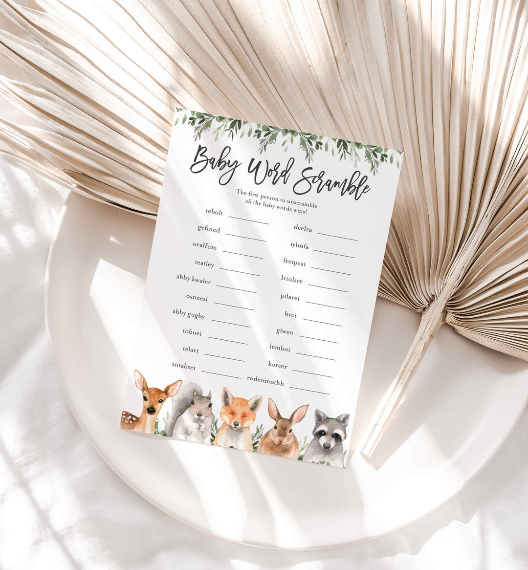 Forest Animals Baby Shower Word Scramble Game Printable