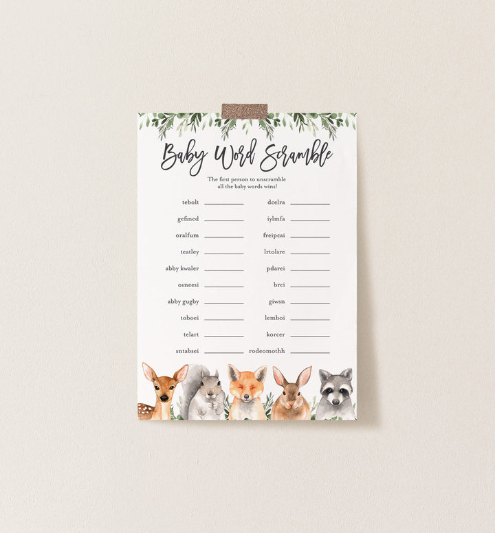 Forest Animals Baby Shower Word Scramble Game Printable