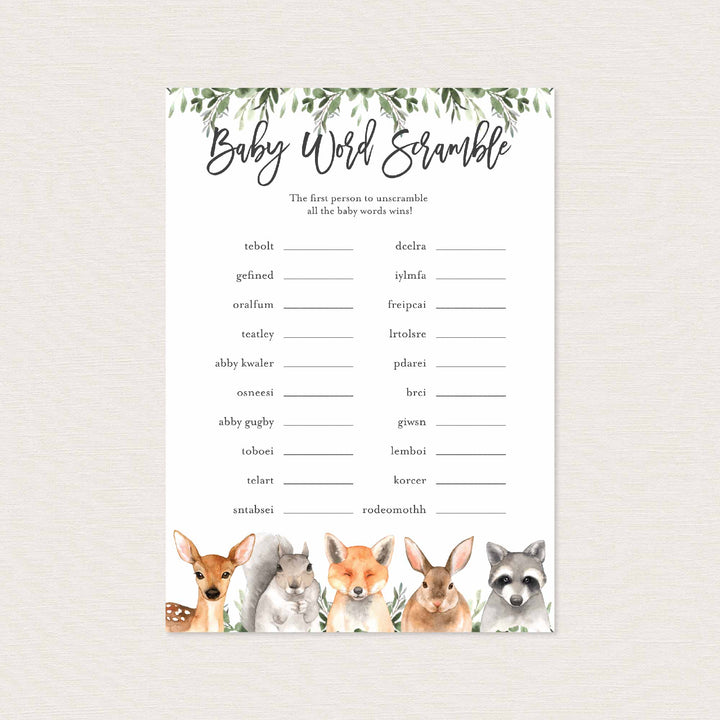 Forest Animals Baby Shower Word Scramble Game Printable