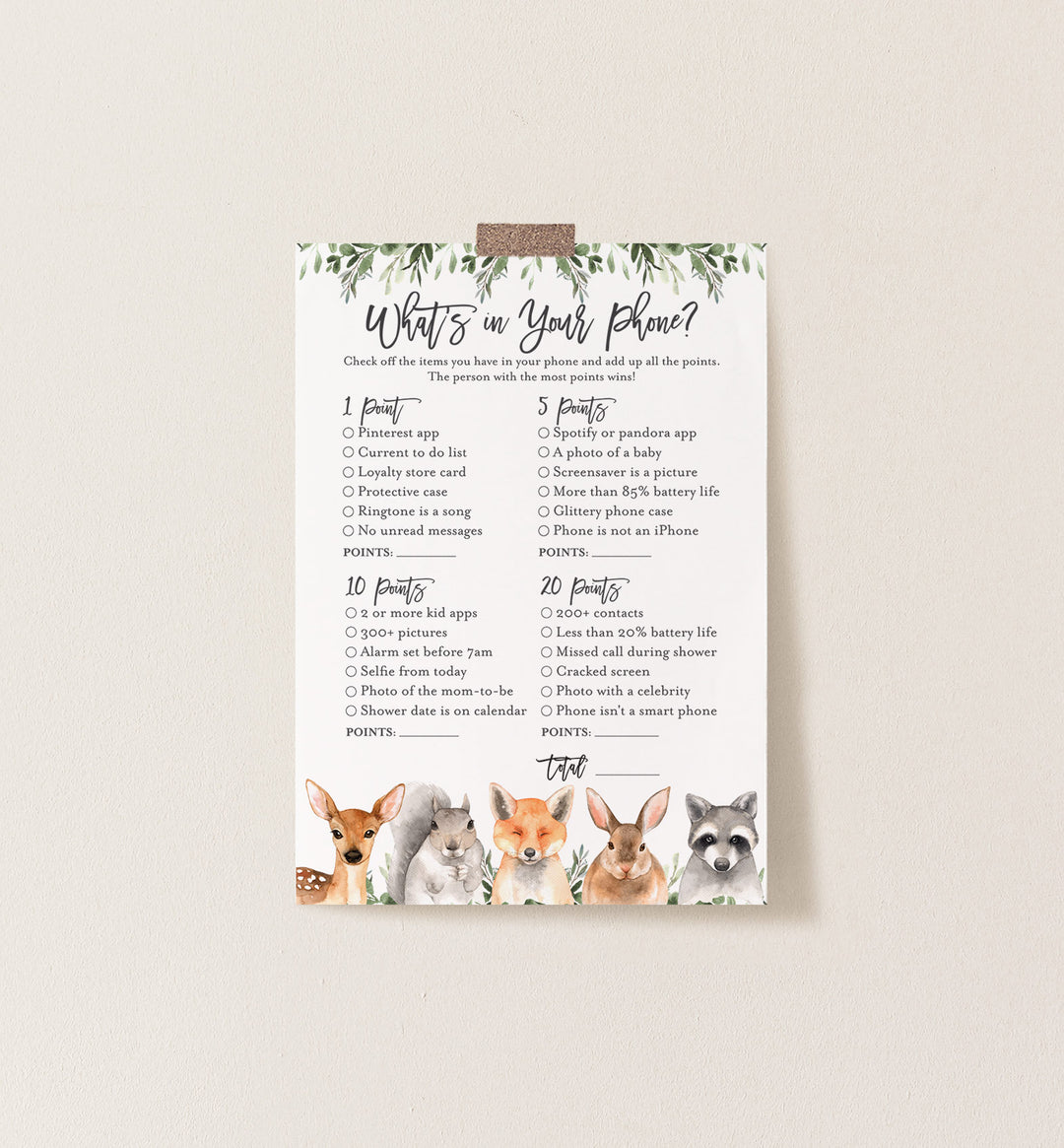 Forest Animals Baby Shower What's In Your Phone Game Printable