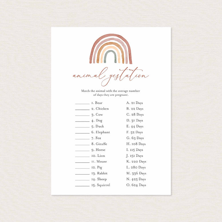 Rainbow Baby Shower Animal Gestation Game Printable
