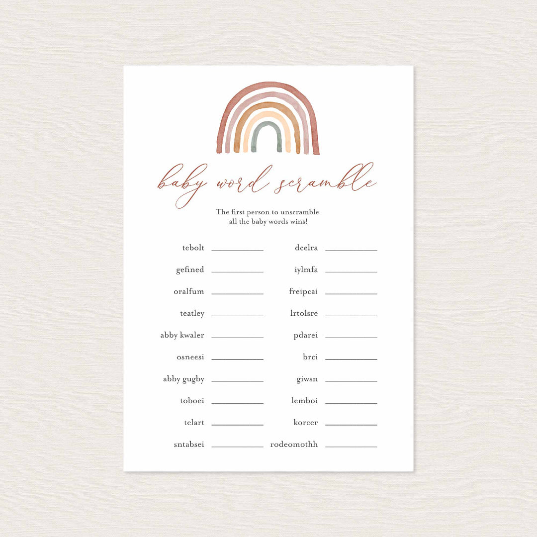 Rainbow Baby Shower Word Scramble Game Printable