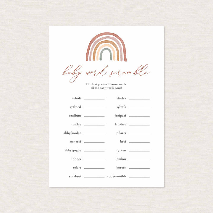 Rainbow Baby Shower Word Scramble Game Printable