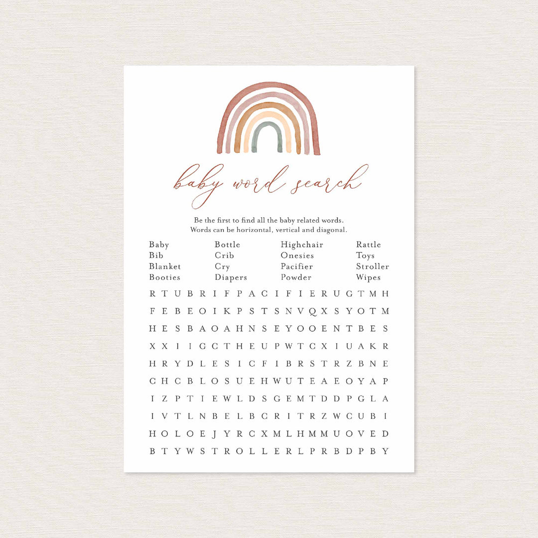 Rainbow Baby Shower Word Search Game Printable