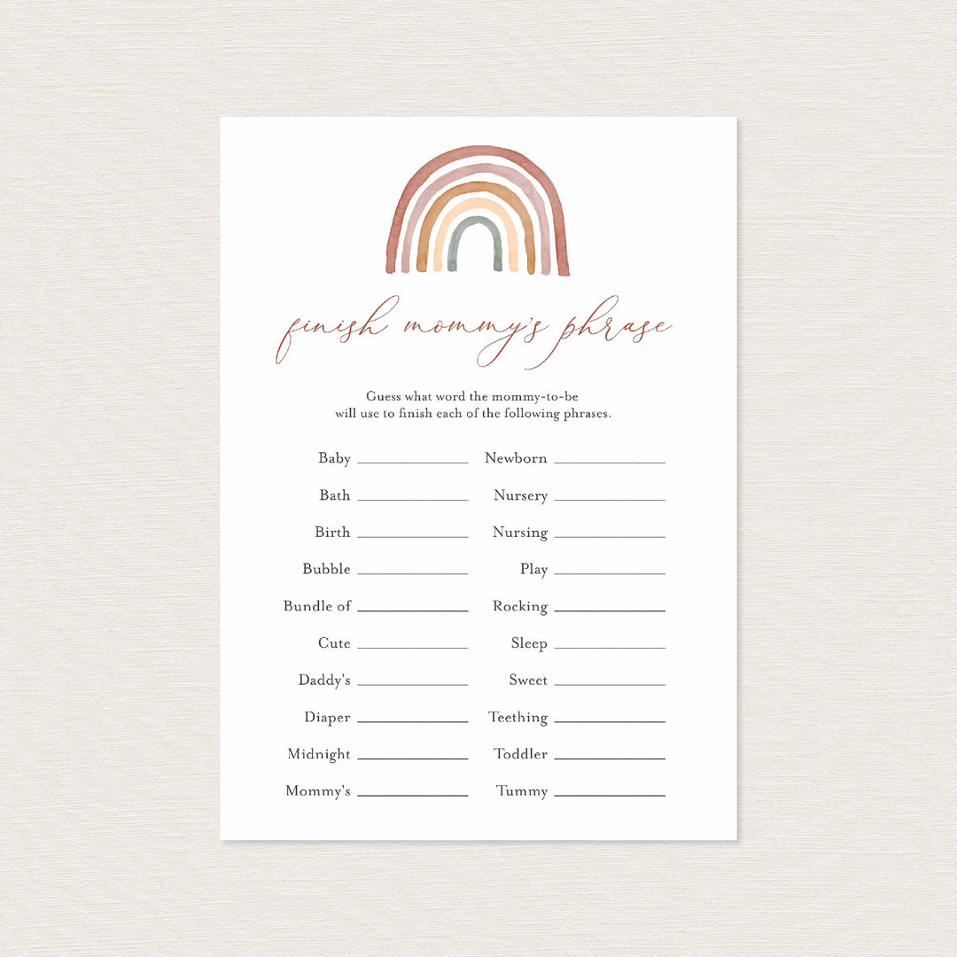 Rainbow Baby Shower Finish Mummy's Phrase Game Printable