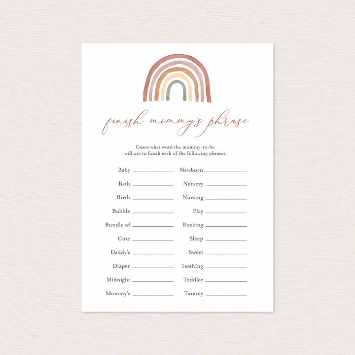 Rainbow Baby Shower Finish Mummy's Phrase Game Printable