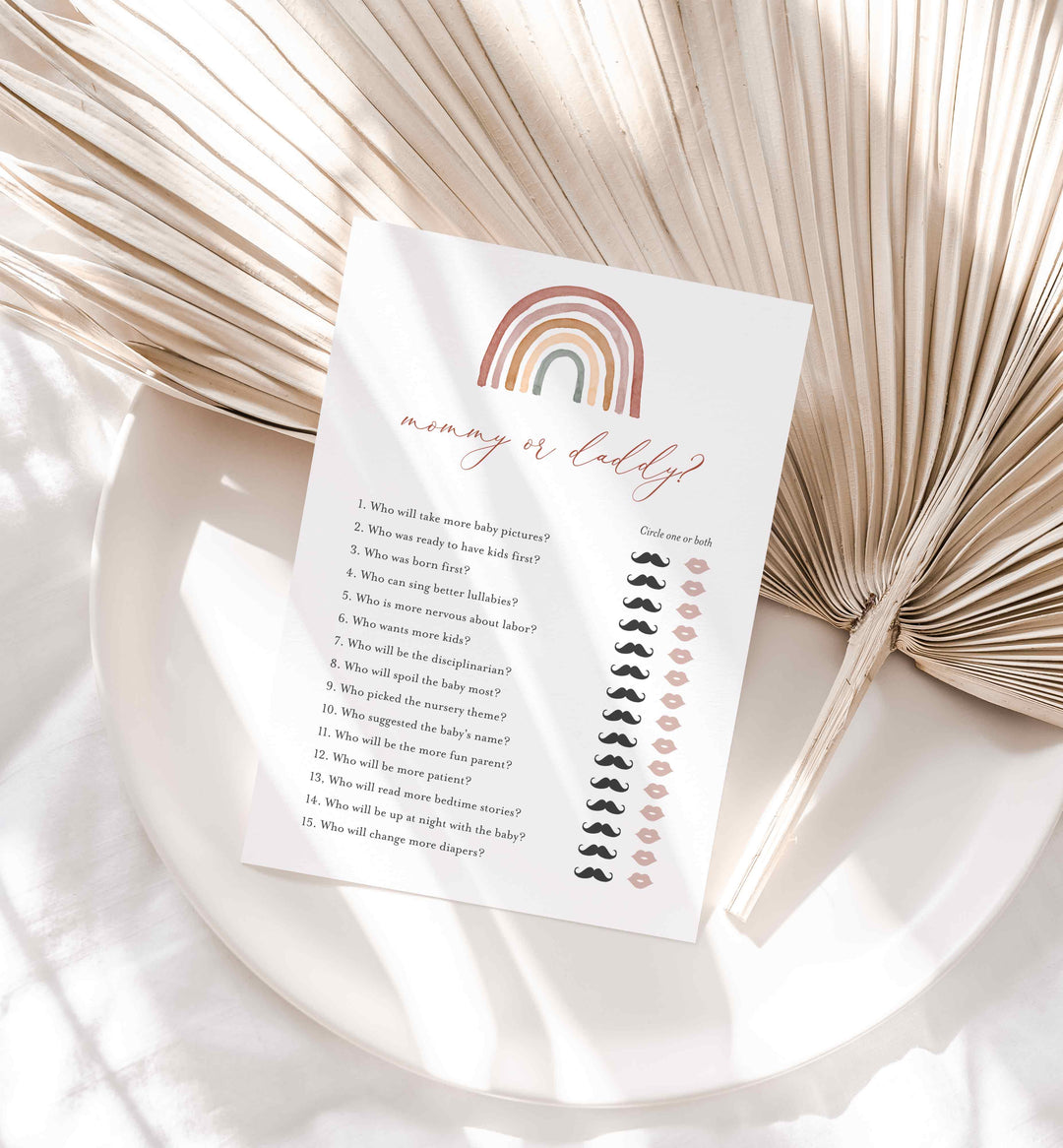 Rainbow Baby Shower Mummy or Daddy Game Printable