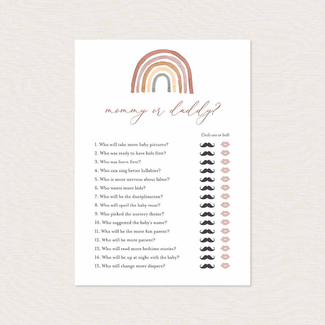Rainbow Baby Shower Mummy or Daddy Game Printable