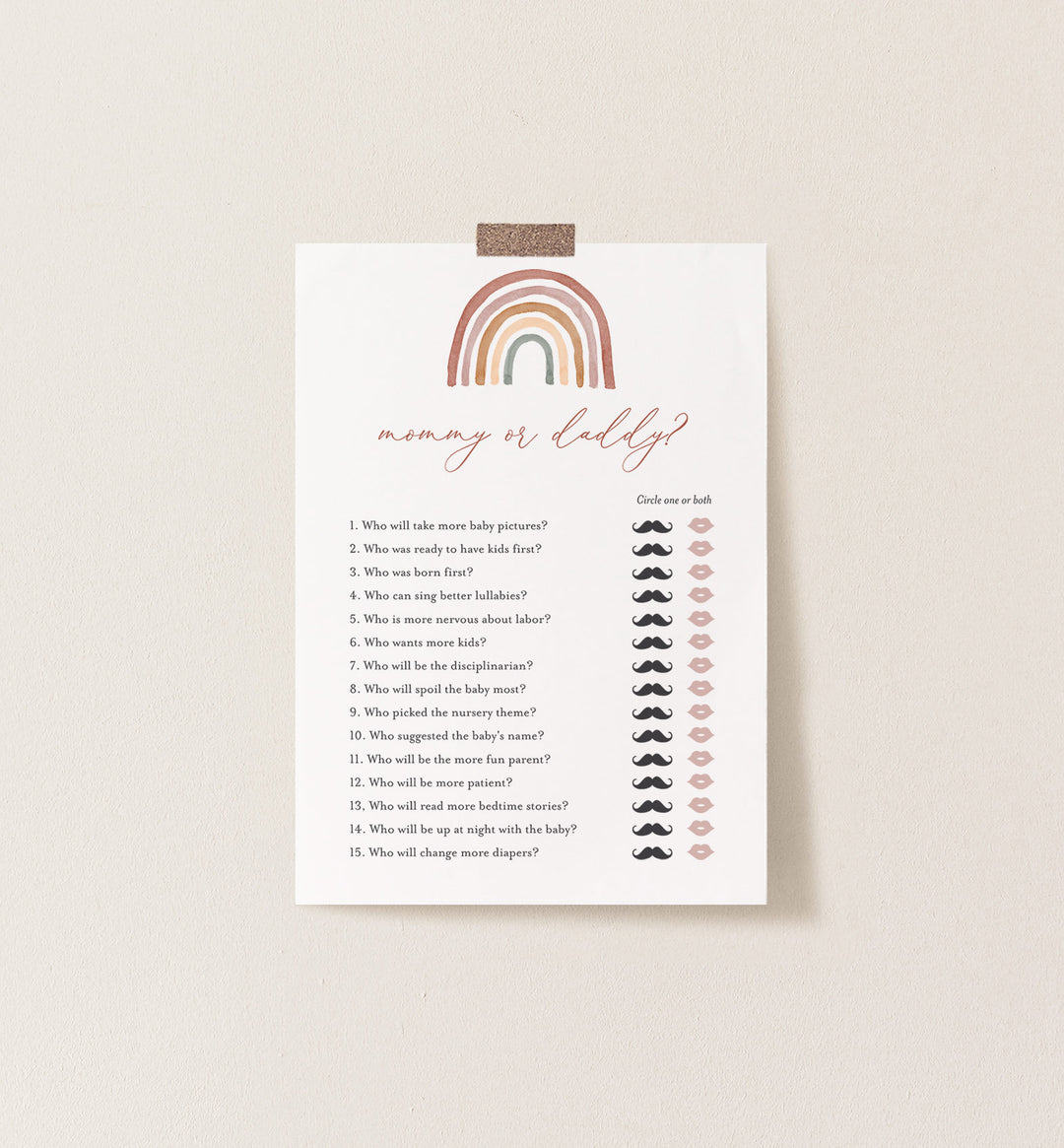 Rainbow Baby Shower Mummy or Daddy Game Printable