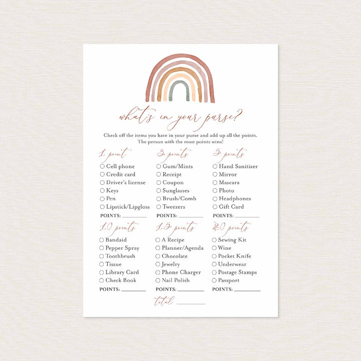 Rainbow Baby Shower What's In Your Purse Game Printable