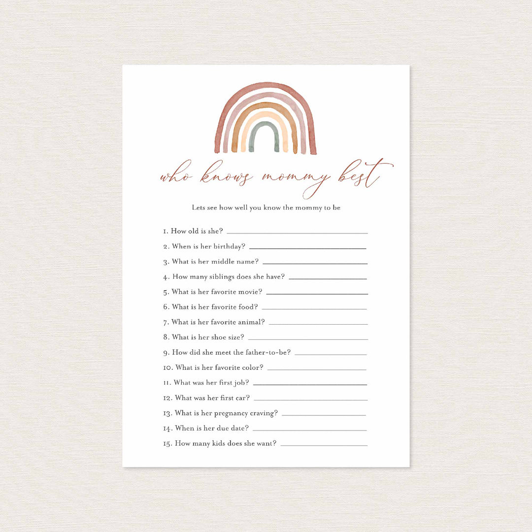 Rainbow Baby Shower Who Knows Mummy Best Game Printable