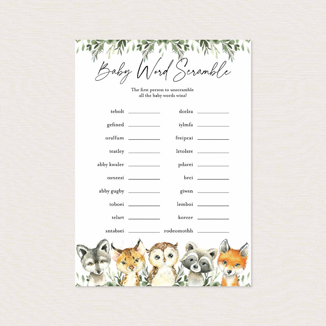 Little Woodland Baby Shower Word Scramble Game Printable