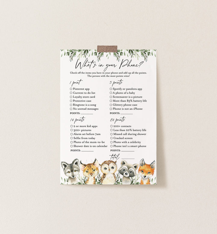 Little Woodland Baby Shower What's In Your Phone Game Printable