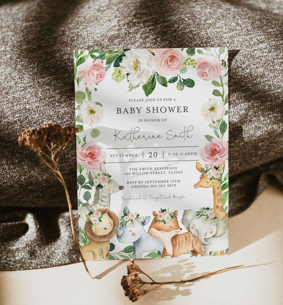 Safari Animals Blush Baby Shower Invitation Printable