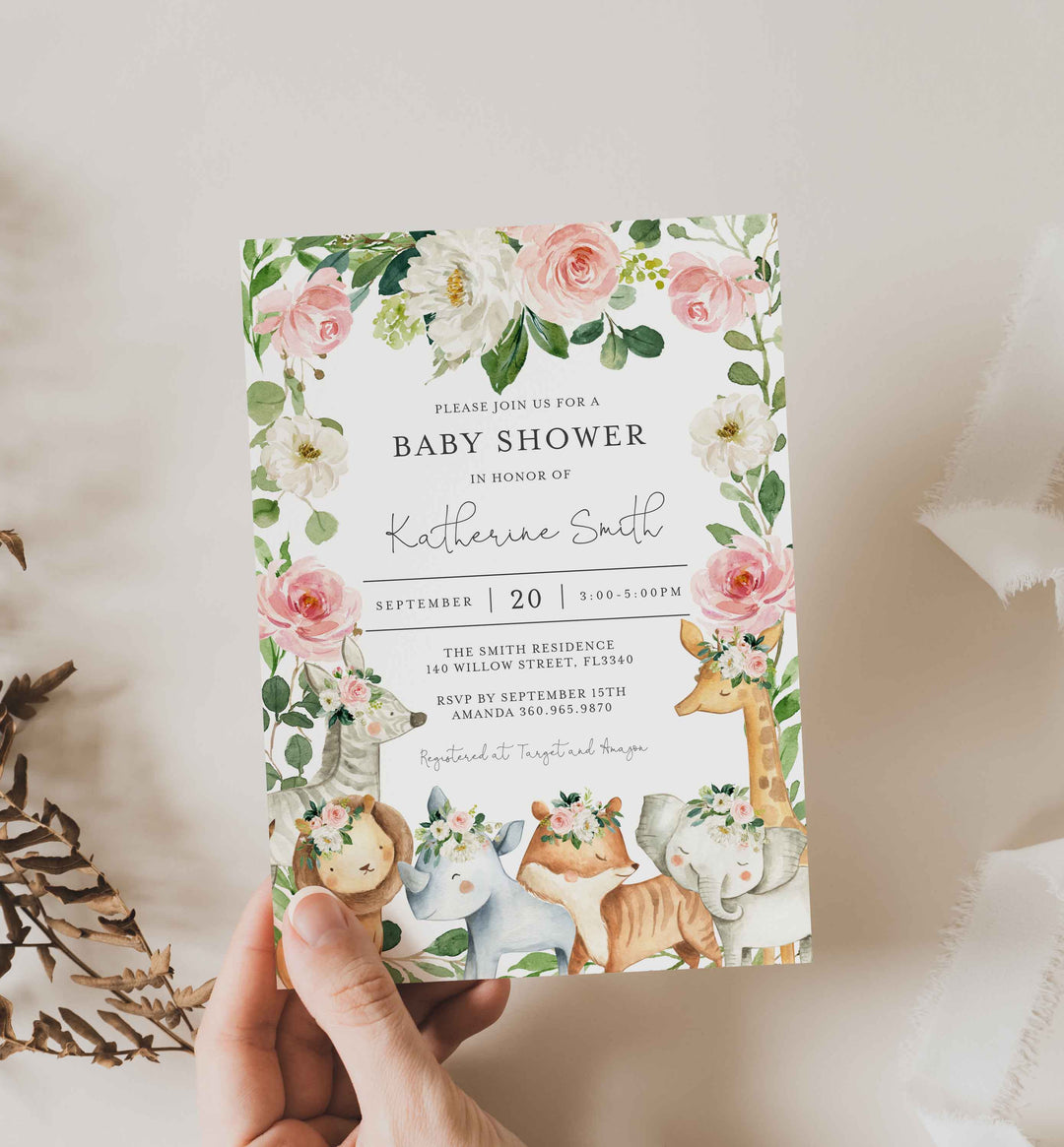 Safari Animals Blush Baby Shower Invitation Printable