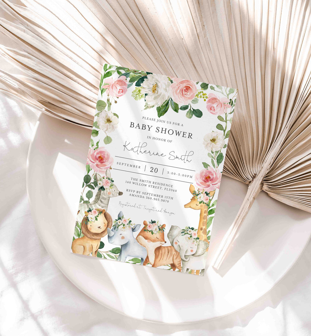 Safari Animals Blush Baby Shower Invitation Printable