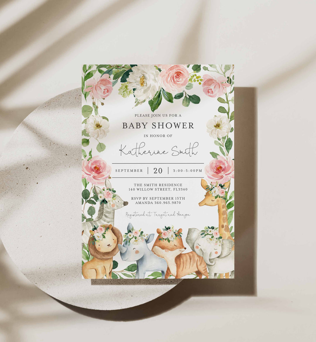 Safari Animals Blush Baby Shower Invitation Printable