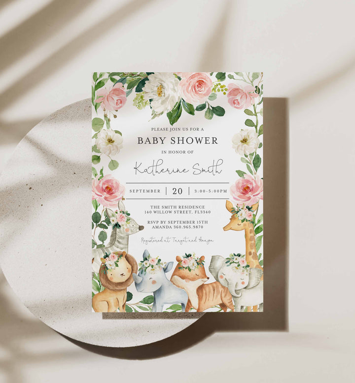 Safari Animals Blush Baby Shower Invitation Printable