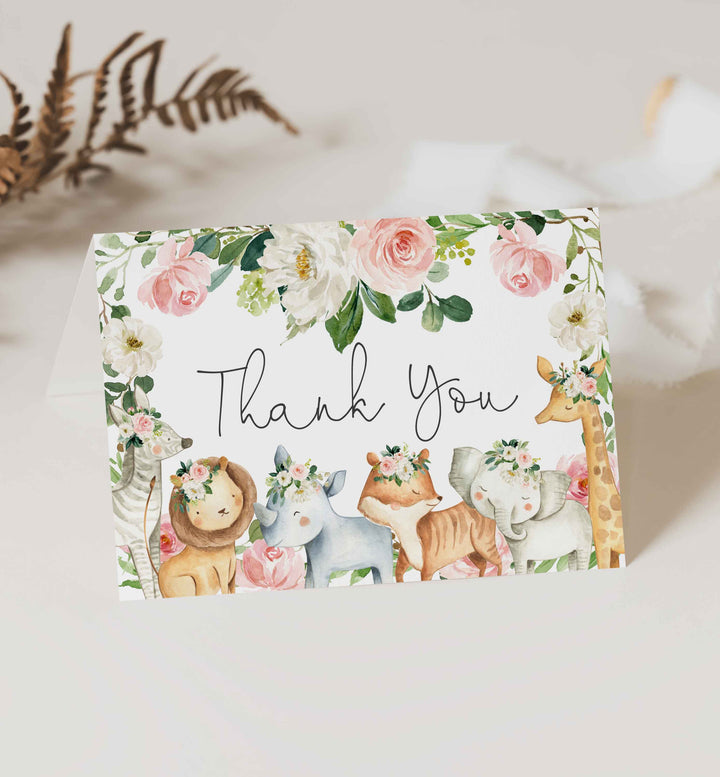 Safari Animals Blush Baby Shower Thank You Card Printable