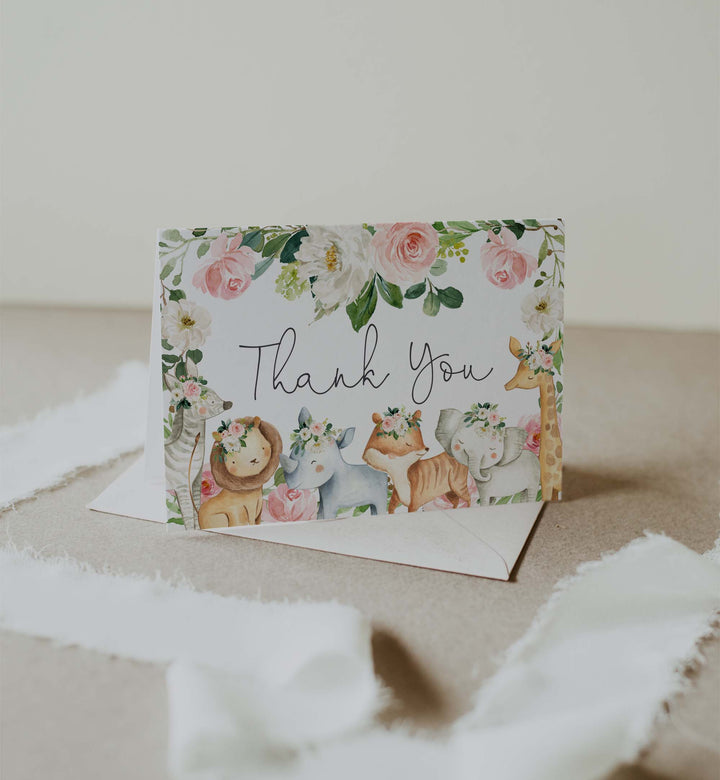 Safari Animals Blush Baby Shower Thank You Card Printable