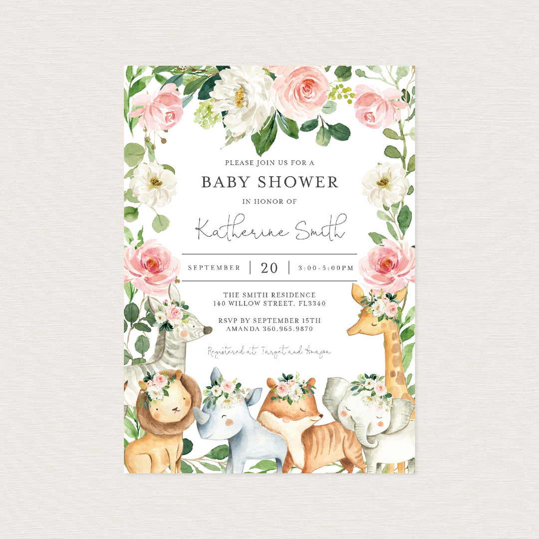 Safari Animals Blush Baby Shower Invitation Printable